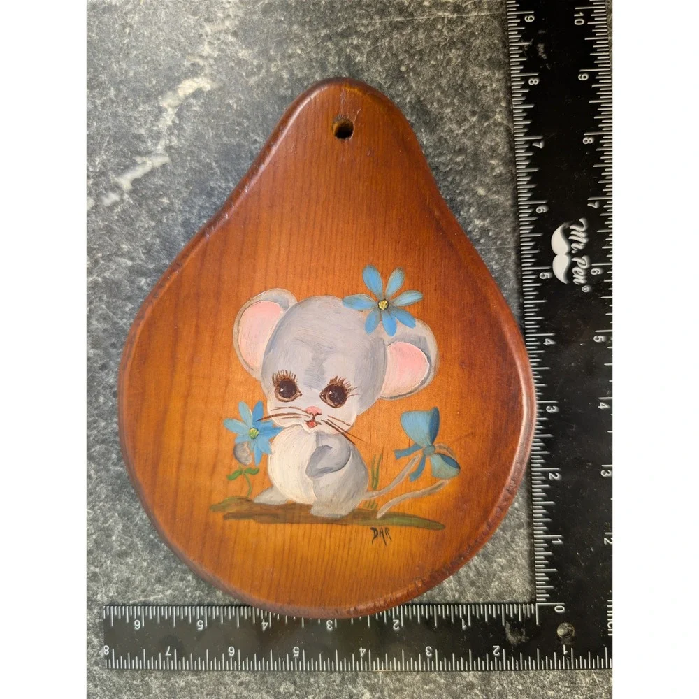 Vintage Hand Painted Wood Mouse Wall Plaque Teardrop Signed DHR Blue Flowers